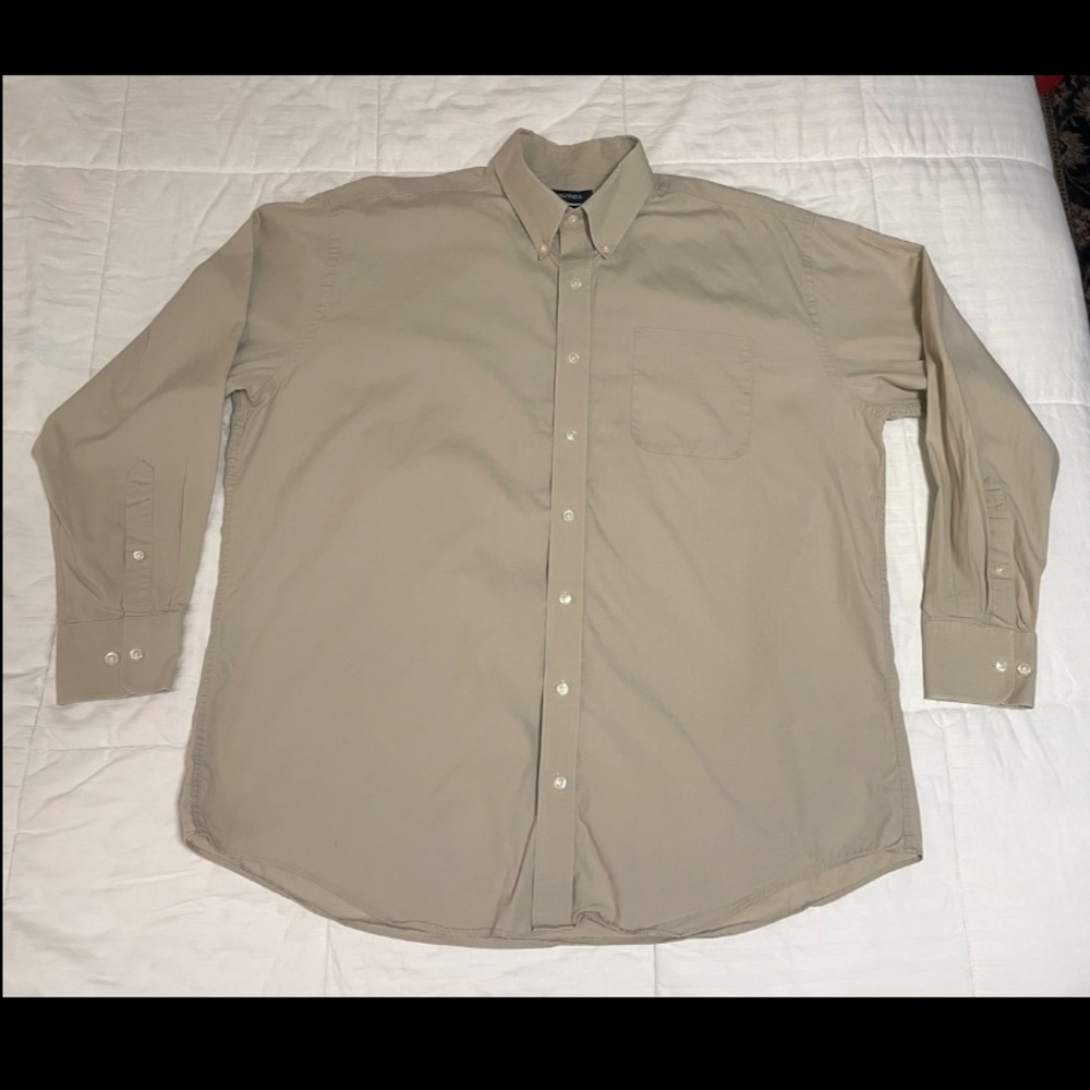 NAUTICA Dress Shirt SZ 17.5 Beige Long Sleeve Button Up 100% Cotton EUC